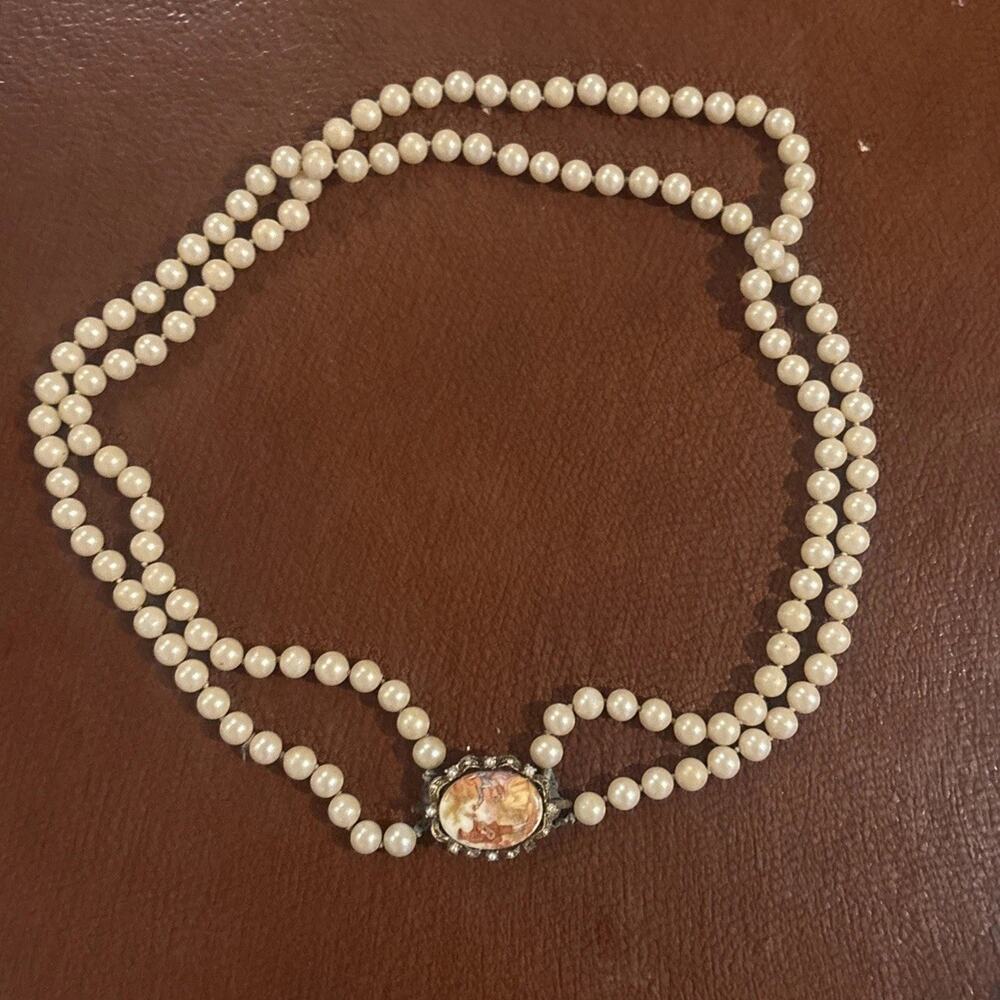 Vintage Fragonard Necklace Double String Glass Beads Faux Pearl Brooch Clasp